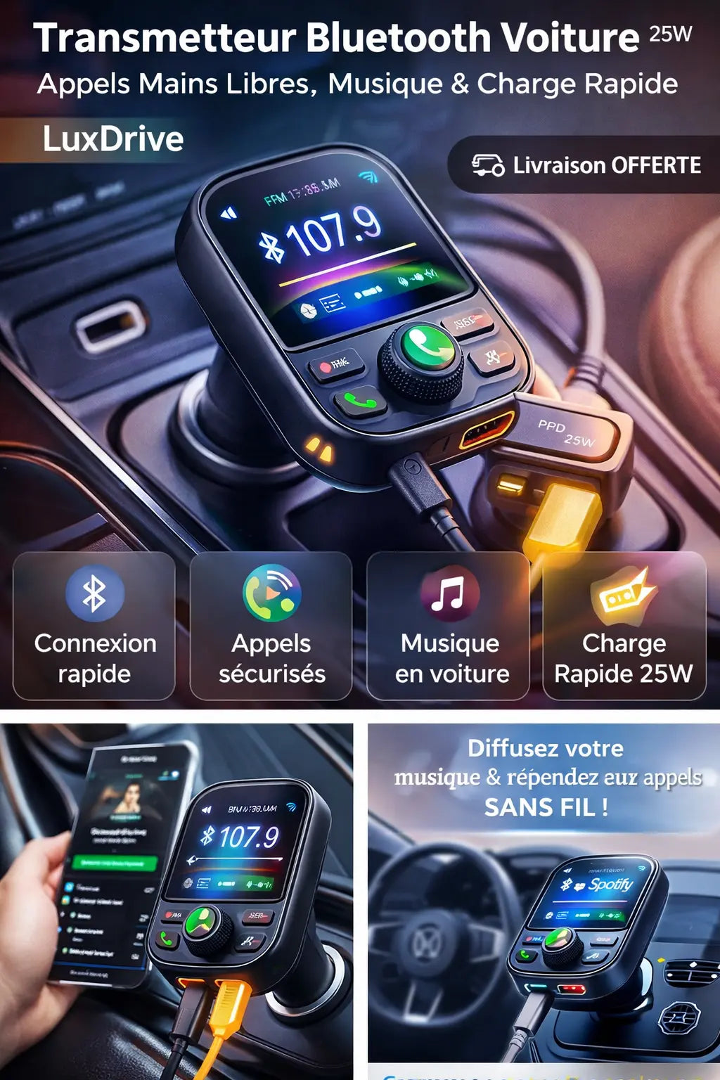 Transmetteur Bluetooth Voiture 25W – Appels Mains Libres, Musique & Charge Rapide LuxDrive