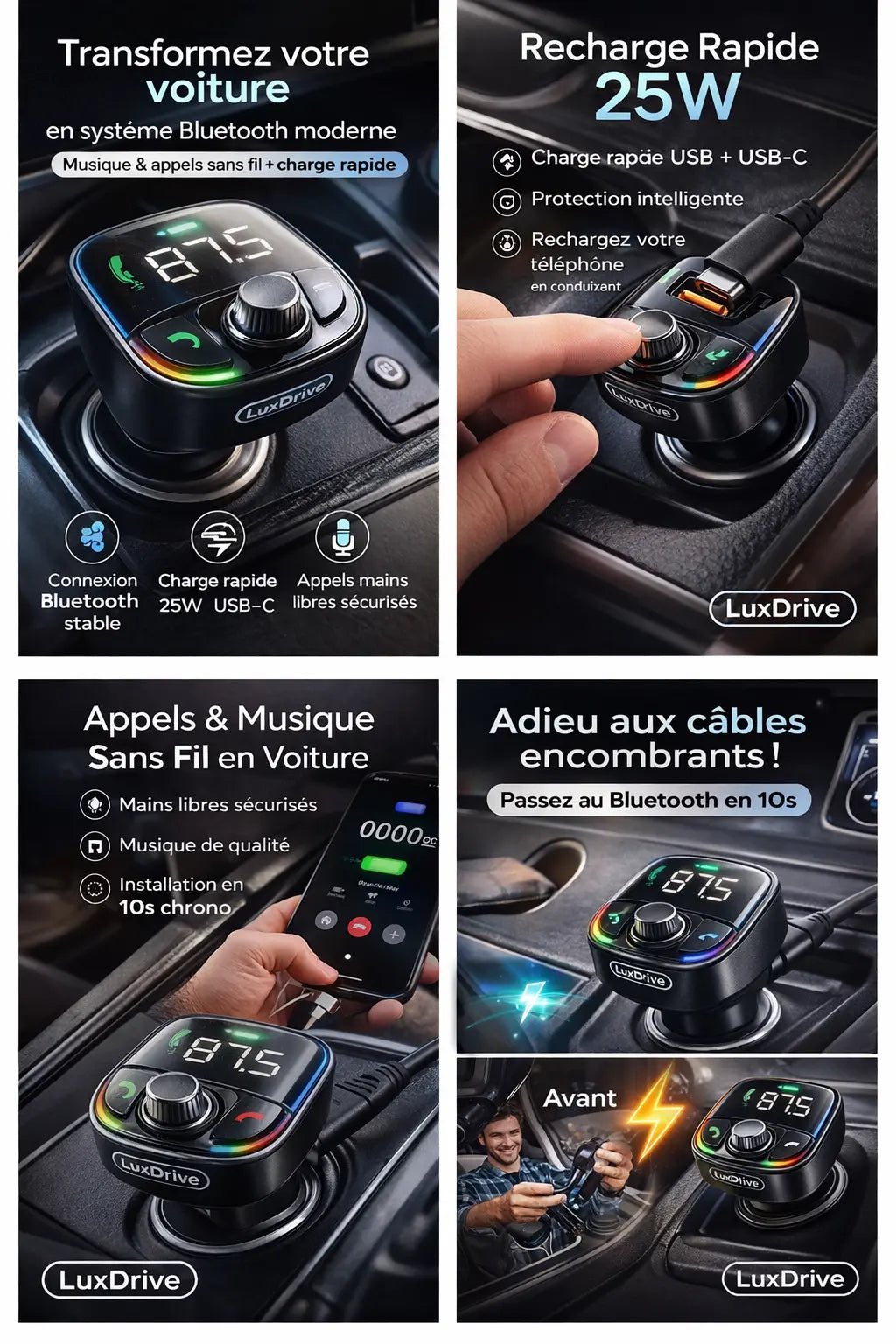 Transmetteur Bluetooth Voiture 25W – Appels Mains Libres, Musique & Charge Rapide LuxDrive