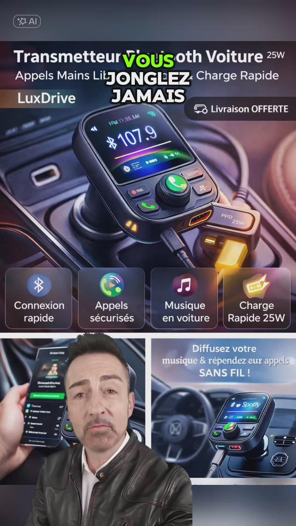 Transmetteur Bluetooth Voiture 25W – Appels Mains Libres, Musique & Charge Rapide